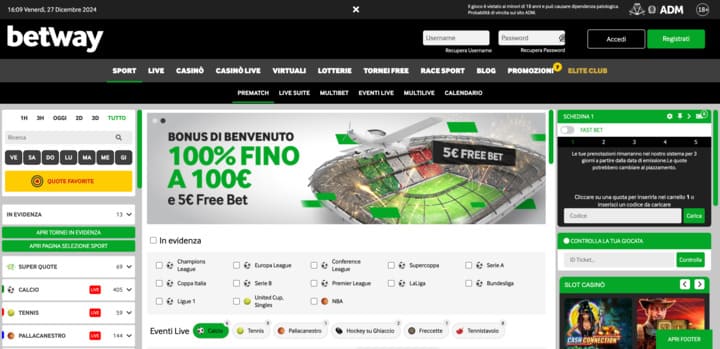 Captura de pantalla del sitio de Betway